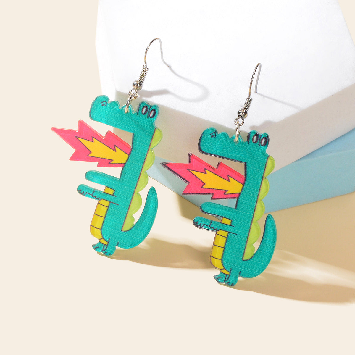 Spurt Fire Green Acrylic Dinosaur Dangle Earrings Cartoon Design