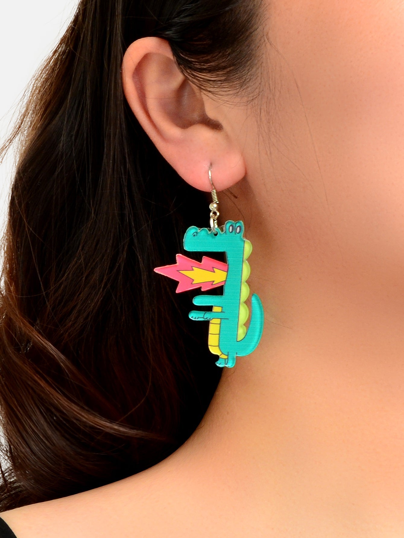 Spurt Fire Green Acrylic Dinosaur Dangle Earrings Cartoon Design