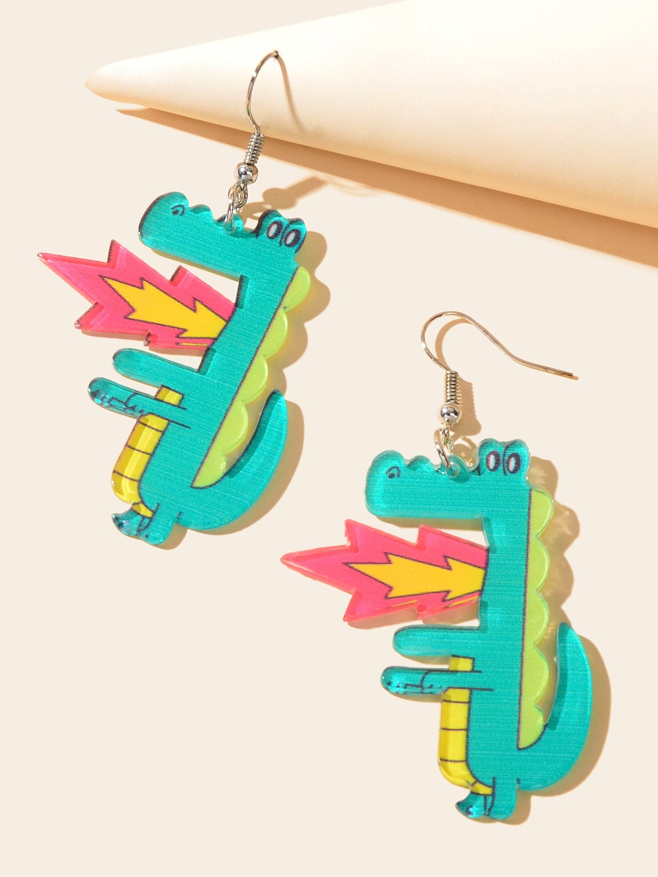 Spurt Fire Green Acrylic Dinosaur Dangle Earrings Cartoon Design