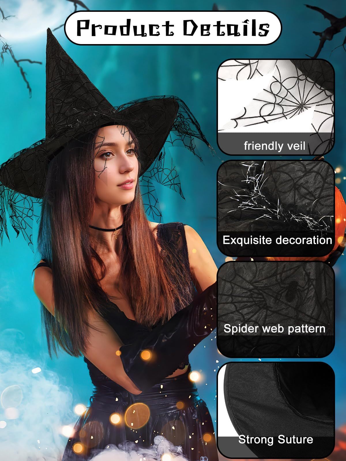 2 Pieces Halloween Witch Hat Costume Witches Hats For Women Black