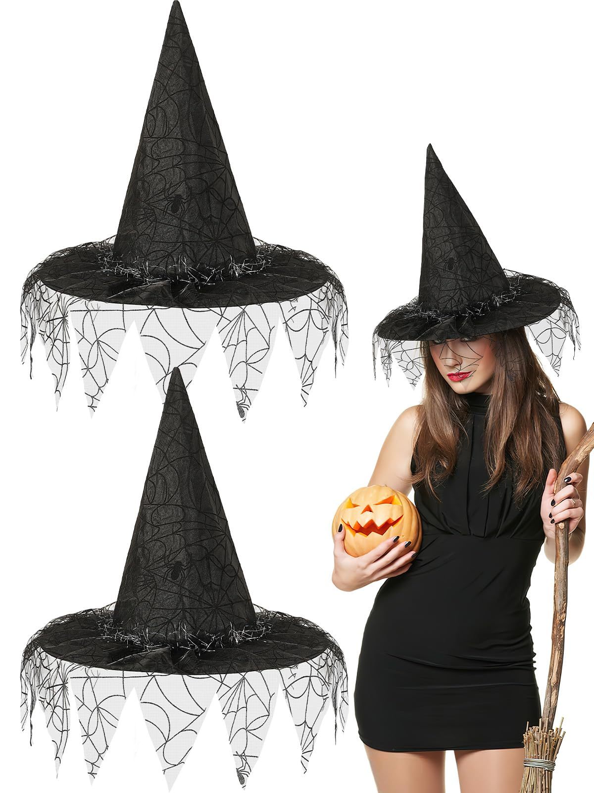 2 Pieces Halloween Witch Hat Costume Witches Hats For Women Black