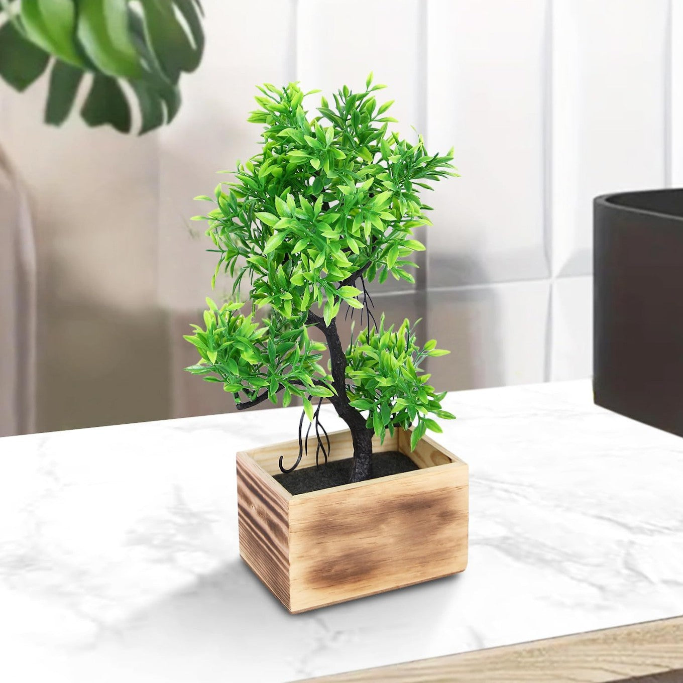 Artificial Green Tree in Wooden Rectangular Tray